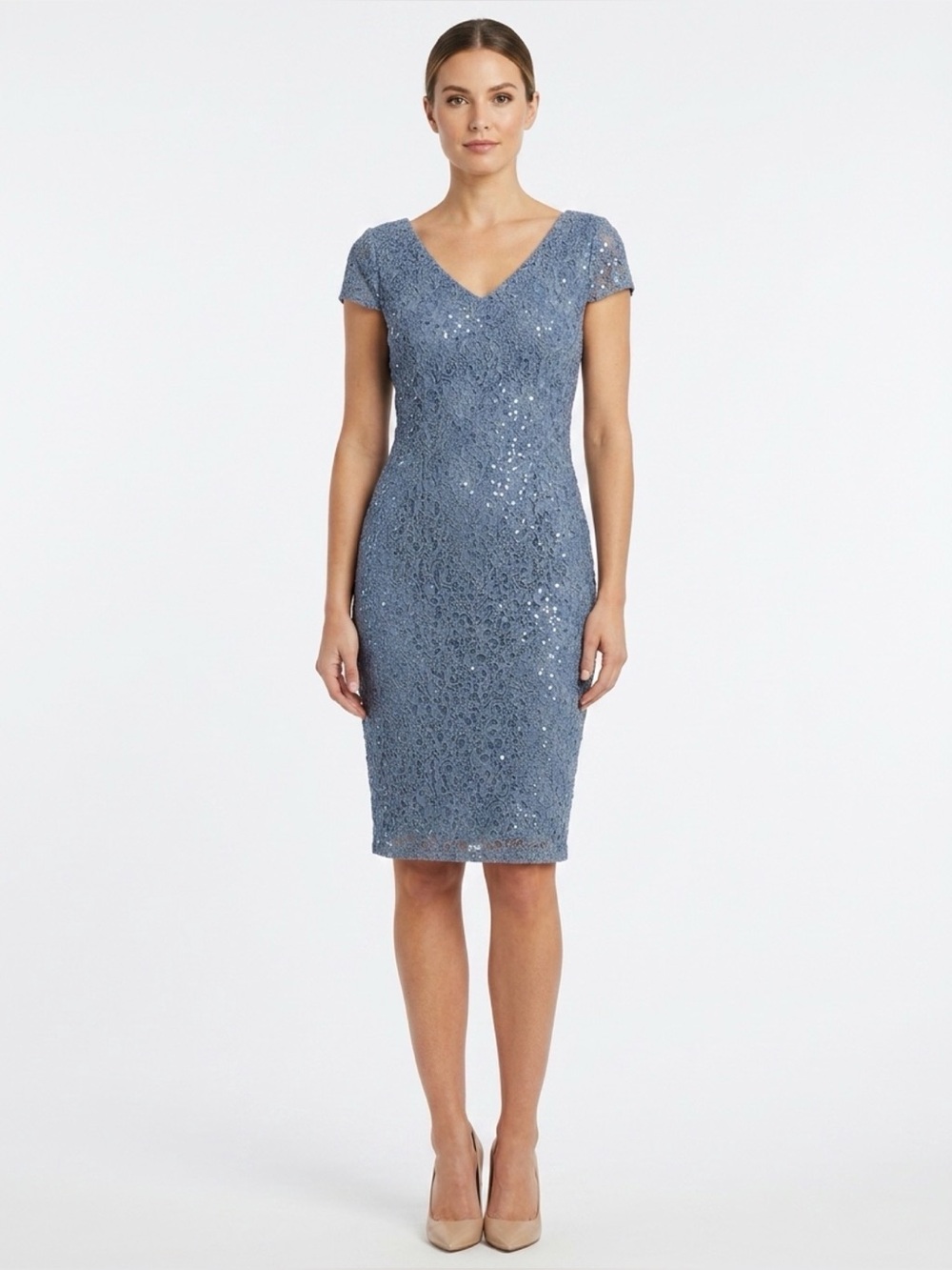 Alex Evenings Dusty Blue Lace Sequin Midi Dress